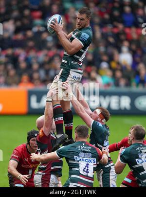 Hanro Liebenberg von Leicester Tigers gewinnt beim Spiel der Gallagher Premiership im Mattioli Woods Welford Road Stadium eine Line-out. Bilddatum: Samstag, 2. Oktober 2021. Stockfoto