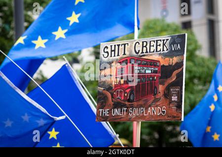 Manchester, Großbritannien. Oktober 2021. Stop Brexit-Anhänger kehren außerhalb der konservativen Parteikonferenz zurück. Auf dem Petersplatz versammeln sich Menschen, die sich dem Abkommen widersetzen, um einen besseren Deal mit Europa zu fordern. Zu den wichtigsten Forderungen gehören die Rückkehr zu einem Binnenmarkt und die Abschürung des Polizeigesetzes. Kredit: Andy Barton/Alamy Live Nachrichten Stockfoto