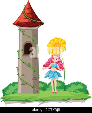 Märchen halten Blume und Burg Turm Cartoon-Stil auf Regenbogen Himmel Hintergrund Stock Vektor