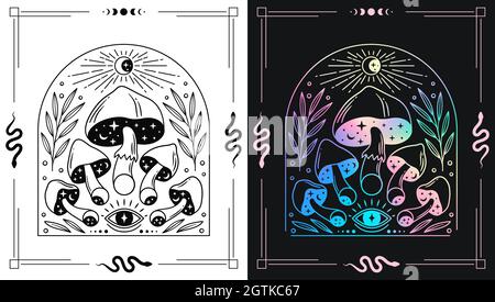 Magische Pilze mit Mondphasen und allen Augen für esoterische Themendesigns. Black and While und holographisches Gradienten-Poster. Stock Vektor