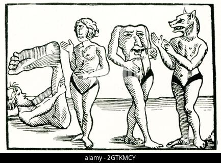 Diese Illustration von Sir John Mandeville zeigt geographische Monster. Sir John Mandeville ist der vermeintliche Autor der Reisen von Sir John Mandeville, einem Reisebericht, der erstmals zwischen 1357 und 1371 in Umlauf gebracht wurde. Der früheste erhaltene Text ist auf Französisch. Mit Hilfe von Übersetzungen in viele andere Sprachen erlangte das Werk außerordentliche Popularität. Stockfoto