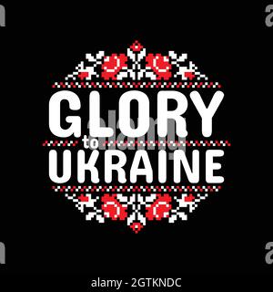 Vektor-rundes Schild mit ukrainischem patriotischen Slogan 'Glory to Ukraine' und ukrainischem nationalen ethnischen Ornament um. Traditionelle weiße und rote Ukraine Stock Vektor