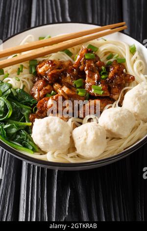 Mie ayam, mi ayam oder Bakmi ayam ist ein gemeinsames indonesisches Gericht aus gewürzten Nudeln, gekrönt mit gewürfeltem Hühnerfleisch und Fleischbällchen in der Schüssel auf dem Stockfoto