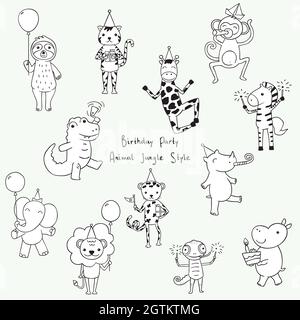 Niedliche Dschungel- und Safari-Tiere. Handgezeichnete Geburtstagsfiguren. Cartoon-Zoofiguren. Ballon, Kuchen und Geschenke. Schwarz und Weiß. Stock Vektor