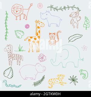 Niedliche Dschungel- und Safari-Tiere. Tropische Blätter. Handgezeichnetes wildes Leben und Natur. Cartoon-Zoofiguren. Farbiger Umriss. Stock Vektor