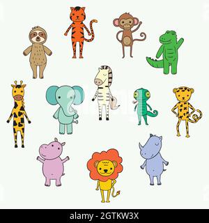 Niedliche Dschungel- und Safari-Tiere. Handgezeichnete Cartoon Zoo-Figuren. Elefant, Löwe, Faultier, Affe, Zebra, Giraffe. Farbige Kritzeleien Stock Vektor