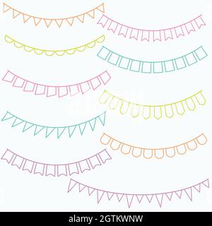 Bunte Bunting Banner. Handgezeichnete Dreieckige Girlande. Farbiger Umriss. Stock Vektor