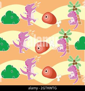 Rosa Dinosaurier, Bush, Fleischknochen mit Dino sitzen unter der Palme mit orangefarbenem Hintergrund, Tyrannosaurus niedlich, T-rex Cartoon, fleischfressende Dino Stock Vektor