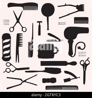 Friseur. Vintage Beauty Salon. Friseurtools. Schere, Kamm, Bürste, Rasiermesser, Stange. Schwarze Silhouette. Stock Vektor