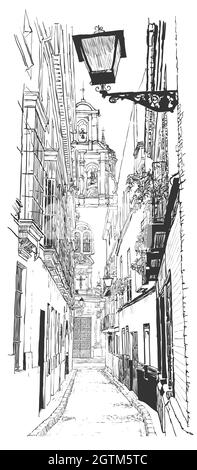 Darstellung einer Straße in der Altstadt von Sevilla, Spanien - Vektorgrafik Stock Vektor