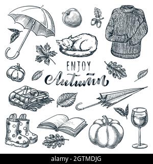 Herbst gemütliche Design Elements Kollektion. Vektorgrafik Skizze Illustration und handgezeichnete Kalligraphie Schriftzug. Regenschirm, schlafende Katze, Wein, Pullover, Kürbis Stock Vektor
