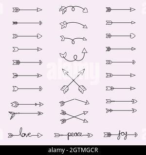 Handgezeichnete Pfeile. Tribal, Curly, Crossed, Darts, Boho, Symbol. Schwarze Umrisse. Stock Vektor