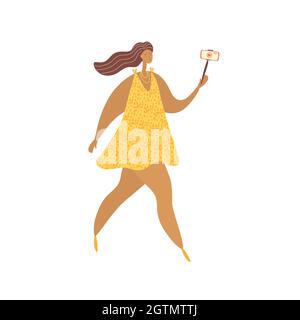 Schöne Frau zu Fuß und die Aufnahme von Video auf Kamera. Frau, die während des Videoanrufs mit der Kamera spricht. Vektor-Farbe Illustration im Cartoon-Stil Stock Vektor