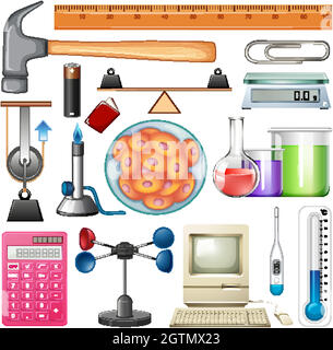 Set von wissenschaftlichen Geräten auf weißem Hintergrund Stock Vektor