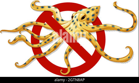 Warnung blau beringter Oktopus verboten Zeichen auf weißem Hintergrund Stock Vektor