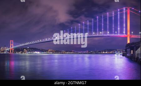 Panorama-Langaufnahme der Martyrs-Brücke vom 15. Juli (türkisch: 15 Temmus Sehitler Koprusu) mit blauem Himmel in Istanbul, Türkei. Istanbul Bosporus-Brücke. Stockfoto