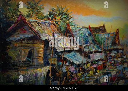 Kunst Malerei Ölfarbe Floating Markt Thai Land , Land Stockfoto