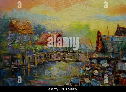 Kunstmalerei Ölfarbe schwimmender Markt Thailand, Landschaft, ländliches Leben, ländliches thailand Stockfoto