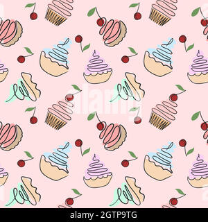 Nahtloses Muster mit Kuchen. Vektor. Verschiedene Puddingkuchen auf rosa Trägerfolie, solides, sich wiederholendes Muster. Hintergrund mit süßem Gebäck. Stock Vektor