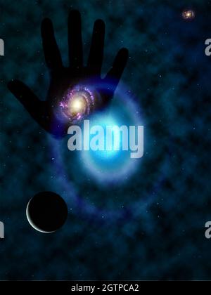 Menschliche Handfläche und Galaxie. 3D-Rendering. Stockfoto