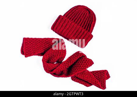 Set von gestrickten Winter mehrfarbigen Hüte Draufsicht Stockfoto