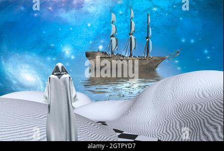 Heiliger Mann in surrealer Landschaft. Altes Segelboot auf dem Wasser. 3D-Rendering. Stockfoto