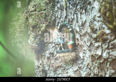 Fantasy magische Fee an einer Tür in einem Baum Stockfoto