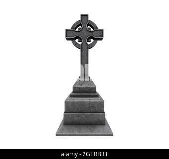 Keltisches Kreuz, Grabstein, auf Weiß isolierter Grabstein Stockfoto