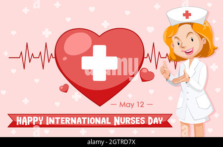 Happy International Nurses Day Schriftart mit Krankenschwester Zeichentrickfigur Stock Vektor