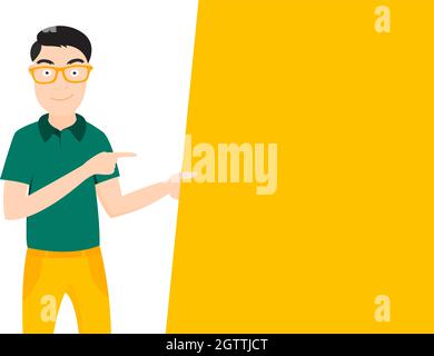 Freundlich aussehender Mann im Polo. Das Zeichen zeigt auf eine Textstelle. Flacher Designcharakter. Stock Vektor