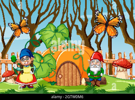 GNOME mit Kürbishaus im Garten mit Schmetterling Cartoon-Stil Stock Vektor