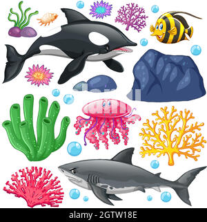 Set von Meereslebewesen auf weißem Hintergrund Stock Vektor