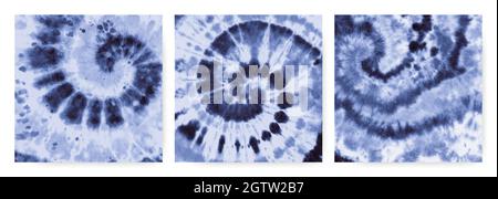 Blaue Spirale Mit Tie-Dye-Muster. Hippie-Hemddesign. Aquarell Künstlerische Malerei. Tie Dye Spirale im Stil der 60er Jahre. Tintengrafiker Stock Vektor