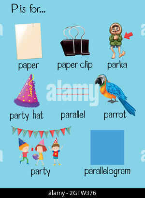 Verschiedene Wörter beginnen mit dem Buchstaben P Stock Vektor