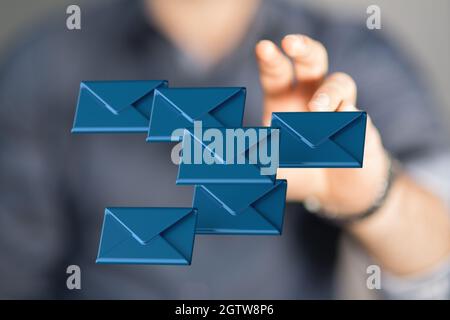 Person, die die virtuelle 3D-gerenderte Projektion der Netzwerkkommunikation präsentiert Stockfoto