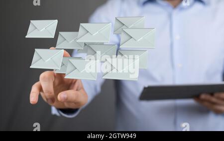 Person, die die virtuelle 3D-gerenderte Projektion der Netzwerkkommunikation präsentiert Stockfoto