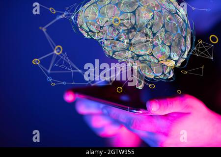 Person, die die virtuelle 3D-gerenderte Projektion von künstlicher Intelligenz präsentiert Stockfoto