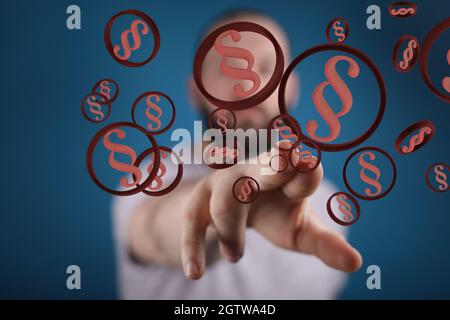 Person, die die virtuelle 3D-gerenderte Projektion der Absatzzeichen darstellt Stockfoto