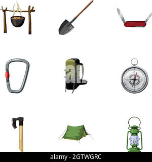 Camping Icons set, cartoon-Stil Stock Vektor