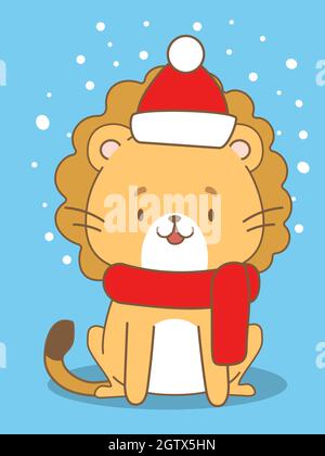 Niedliche Weihnachtskarte mit einem Cartoon-Löwen in roter Mütze Stock Vektor