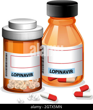Lopinavir Pillen in zwei Flaschen auf weißem Hintergrund Stock Vektor