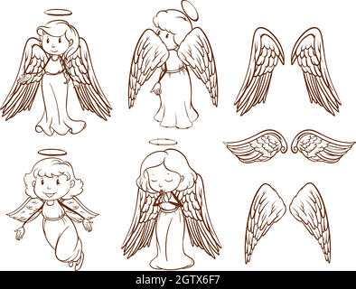 Einfache Skizzen von Engeln und ihren Flügeln Stock Vektor