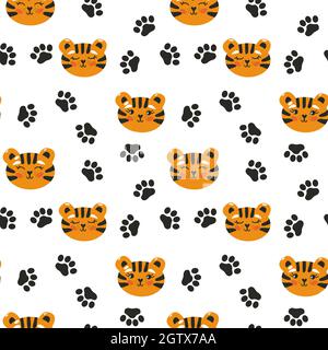 Nahtloses Tiger-Kopfmuster mit Fußabdrücken. Cooler, wiederholbarer Kinderdruck. Vektorgrafik Stock Vektor