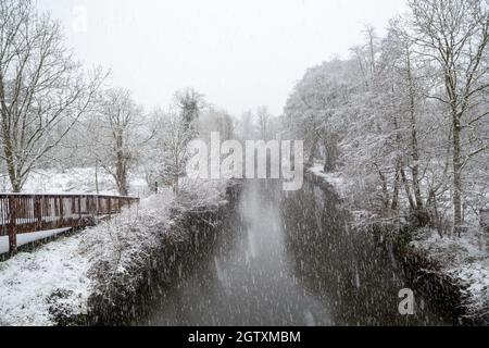 11/09/2021 Lagan Towpath Belfast im Schnee Stockfoto