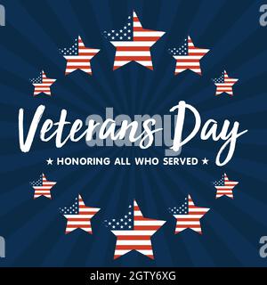 Veterans Day Vektor-Illustration, zu Ehren aller, die gedient haben, USA Flagge winken auf blauem Hintergrund. Stock Vektor