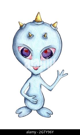 Kindliche Aquarell-Illustration eines niedlichen blauen Außerirdischen mit großen lila Augen und fünf Hörnern auf seinem Kopf. Design für Kinderbuch, Urlaubsdekoration Stockfoto