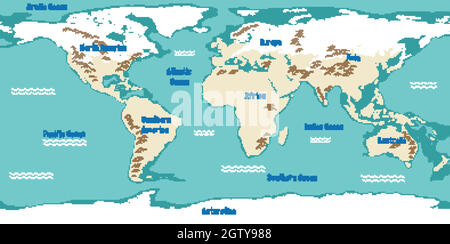 Weltkarte mit Namen der Kontinente und Ozeane Stock Vektor