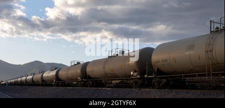 Das Panorama der Eisenbahnkesselwagen, die gefährliche Materialien auf dem Abstellgleis im Eisenbahnhof tragen. Stockfoto