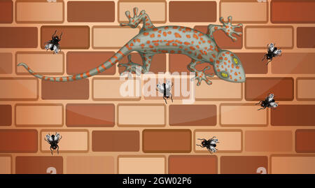 Gecko auf Ziegelwand mit vielen Fliegen im Cartoon-Stil Stock Vektor