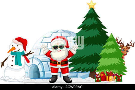 Weihnachtsmann mit vielen Geschenken und Iglu auf weißem Hintergrund Stock Vektor